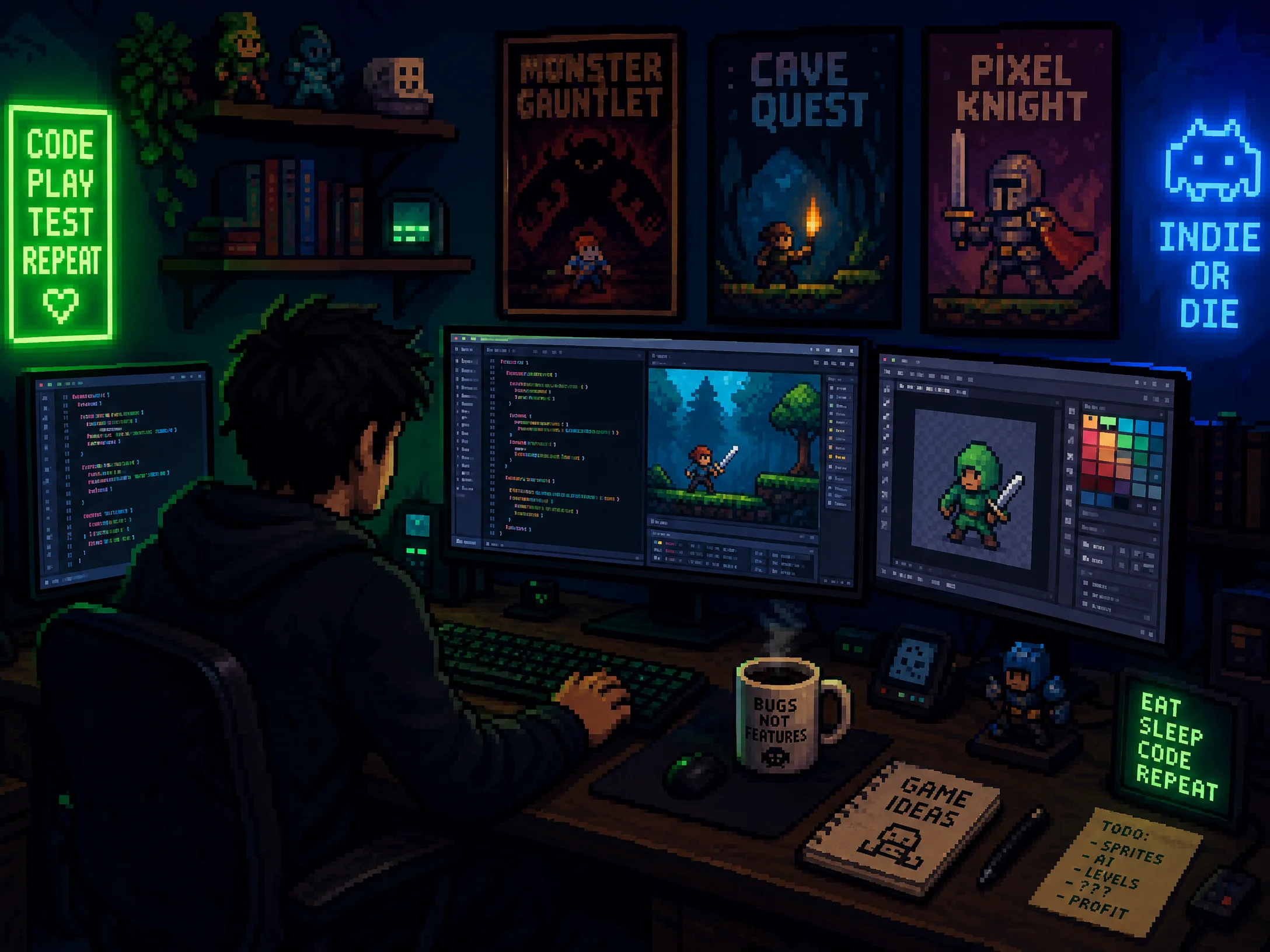 独立游戏开发者工作环境，多屏幕显示代码与像素‌画工具
